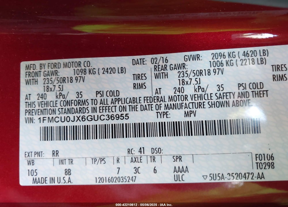2016 FORD ESCAPE VIN: 1FMCU0JX6GUC36955