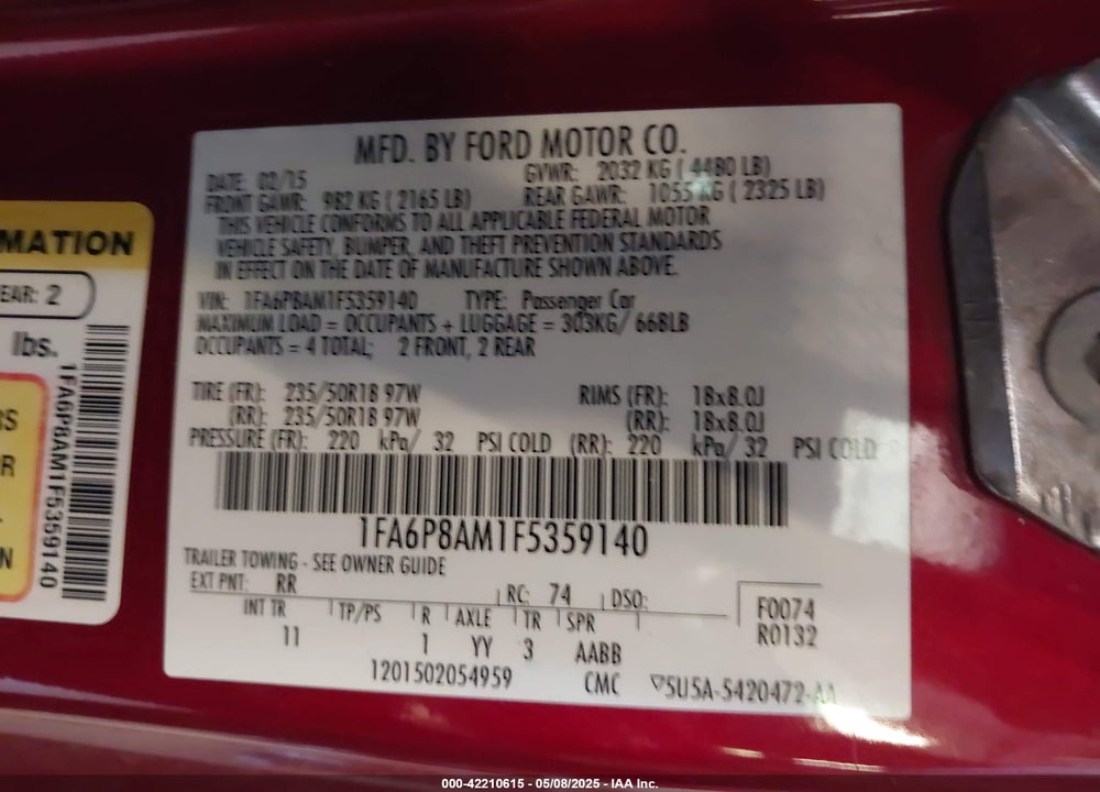 2015 FORD MUSTANG VIN: 1FA6P8AM1F5359140