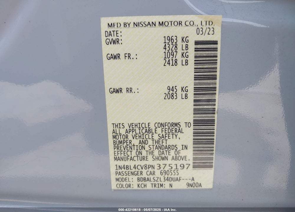2023 NISSAN ALTIMA VIN: 1N4BL4CV8PN375197