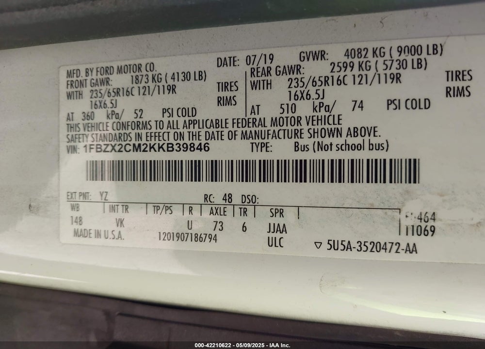 2019 FORD TRANSIT-350 XL VIN: 1FBZX2CM2KKB39846