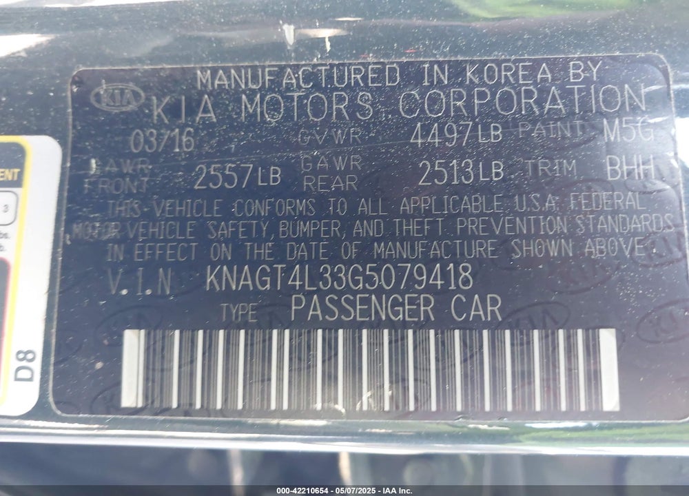 2016 KIA OPTIMA LX VIN: KNAGT4L33G5079418
