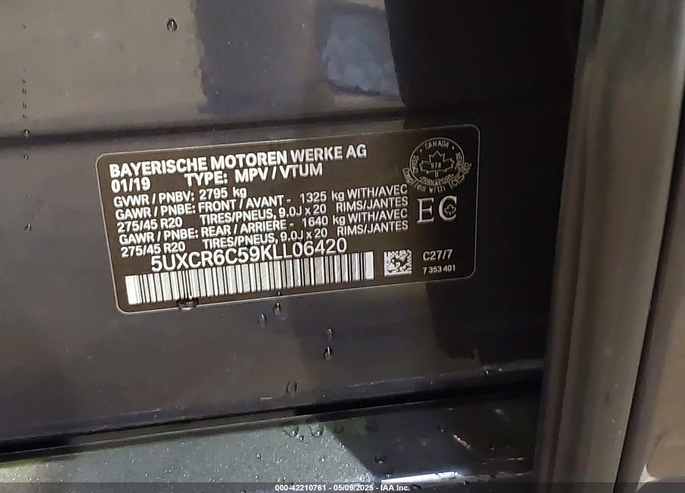 2019 BMW X5 XDRIVE40I VIN: 5UXCR6C59KLL06420
