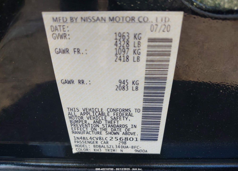 2020 NISSAN ALTIMA VIN: 1N4BL4CV8LC256801