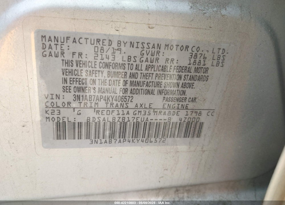 2019 NISSAN SENTRA S VIN: 3N1AB7AP4KY406572