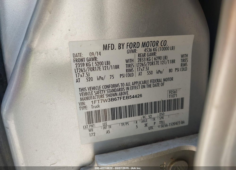 2015 FORD F 350 VIN: 1FT7W3B67FEB54426