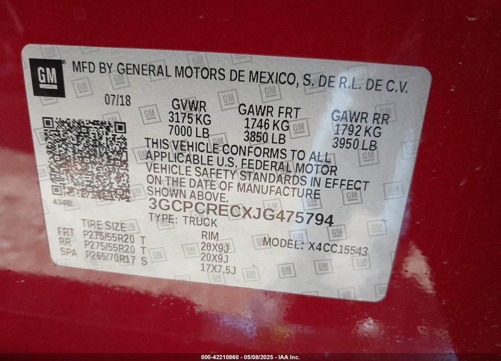 2018 CHEVROLET SILVERADO 1500 1LT VIN: 3GCPCRECXJG475794