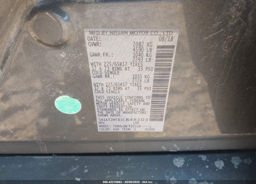 2018 NISSAN ROGUE VIN: 5N1AT2MT8JC848103