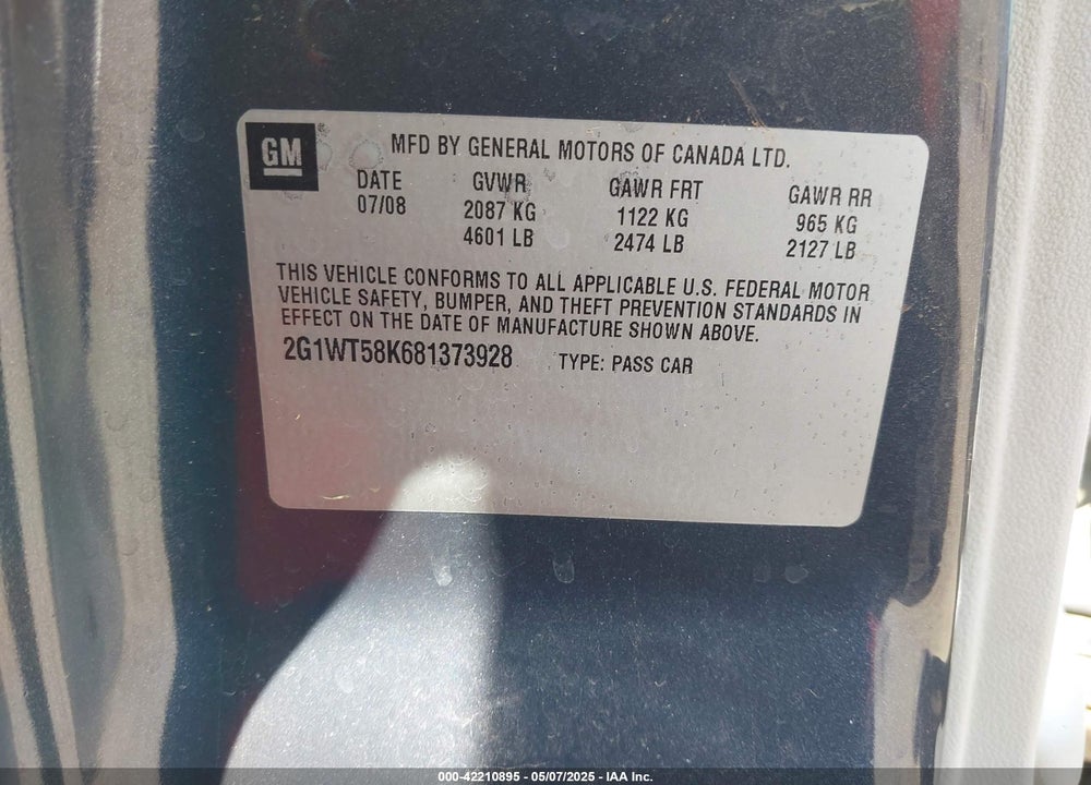 2008 CHEVROLET IMPALA VIN: 2G1WT58K681373928