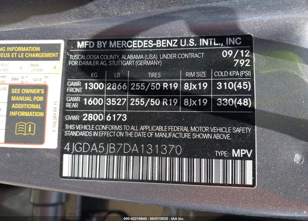 2013 MERCEDES-BENZ ML 350 VIN: 4JGDA5JB7DA131370