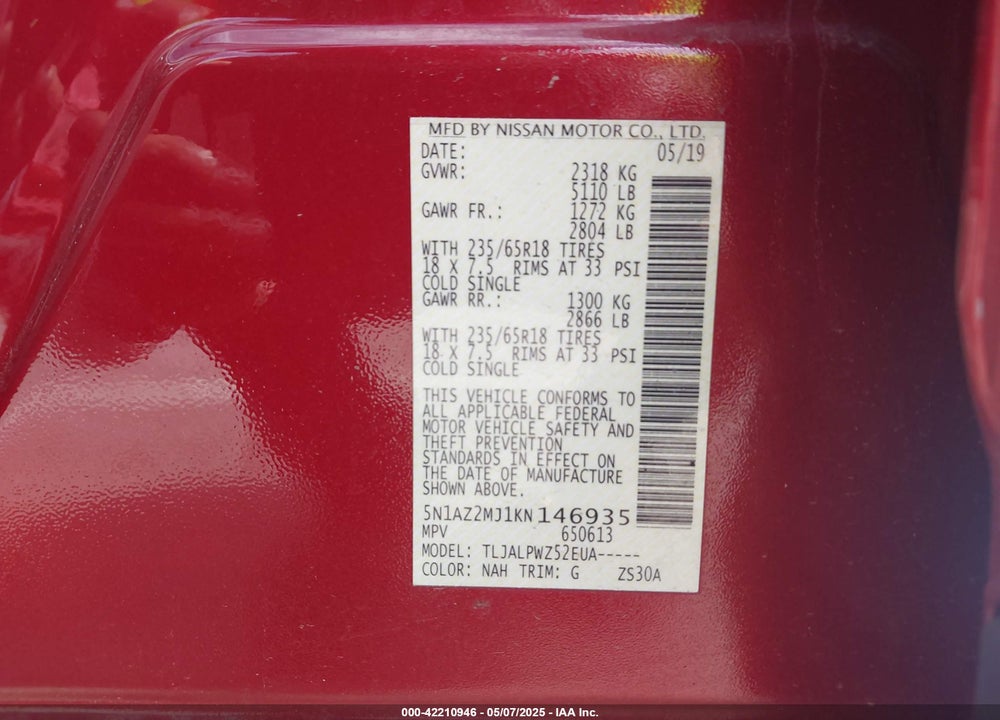 2019 NISSAN MURANO VIN: 5N1AZ2MJ1KN146935