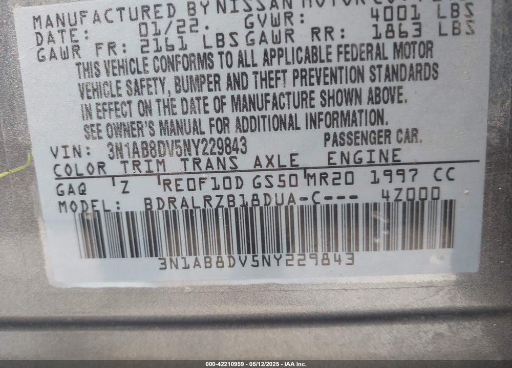 2022 NISSAN SENTRA SR XTRONIC CVT VIN: 3N1AB8DV5NY229843