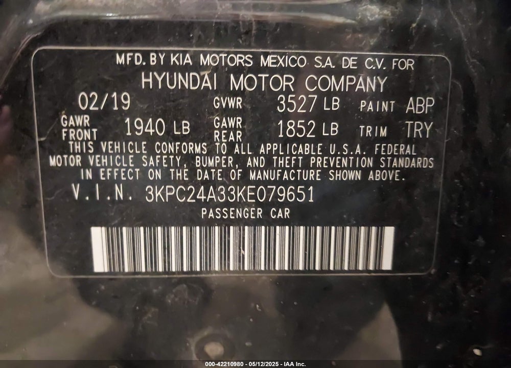 2019 HYUNDAI ACCENT VIN: 3KPC24A33KE079651