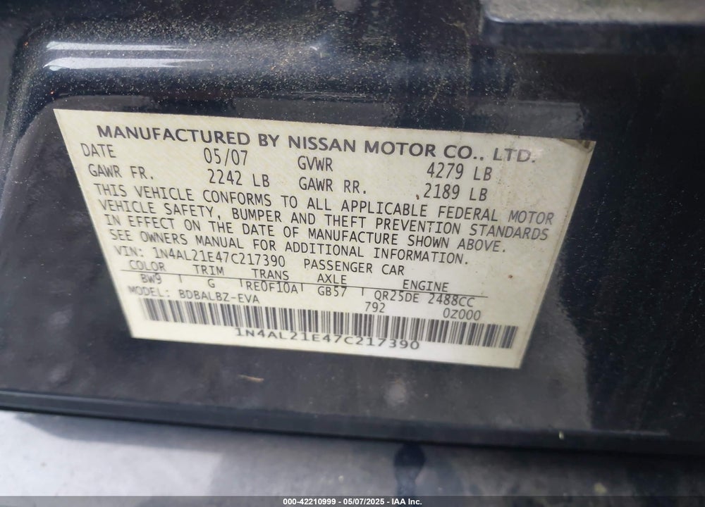 2007 NISSAN ALTIMA VIN: 1N4AL21E47C217390