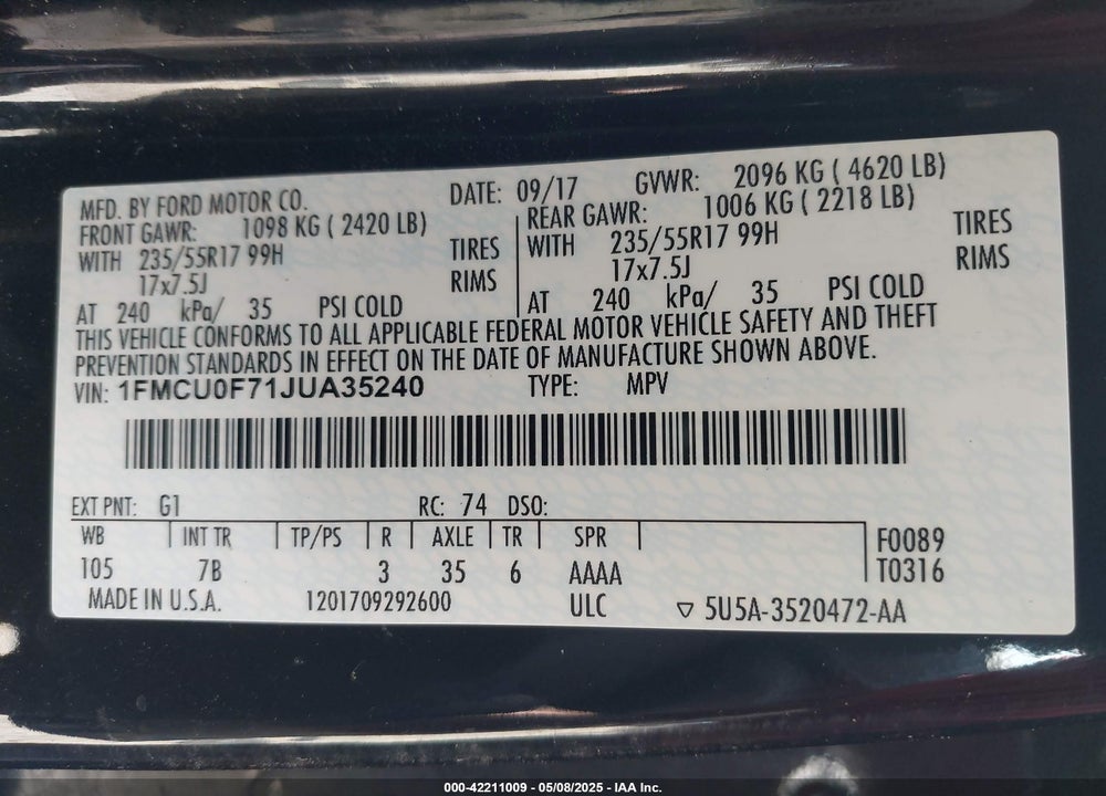 2018 FORD ESCAPE VIN: 1FMCU0F71JUA35240
