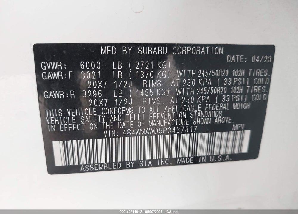 2023 SUBARU ASCENT TOURING 7-PASSENGER VIN: 4S4WMAWD5P3437317