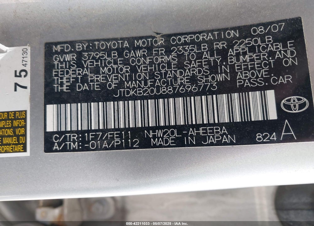 2008 TOYOTA PRIUS VIN: JTDKB20U887696773