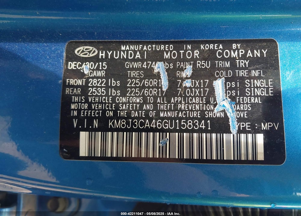 2016 HYUNDAI TUCSON SE VIN: KM8J3CA46GU158341