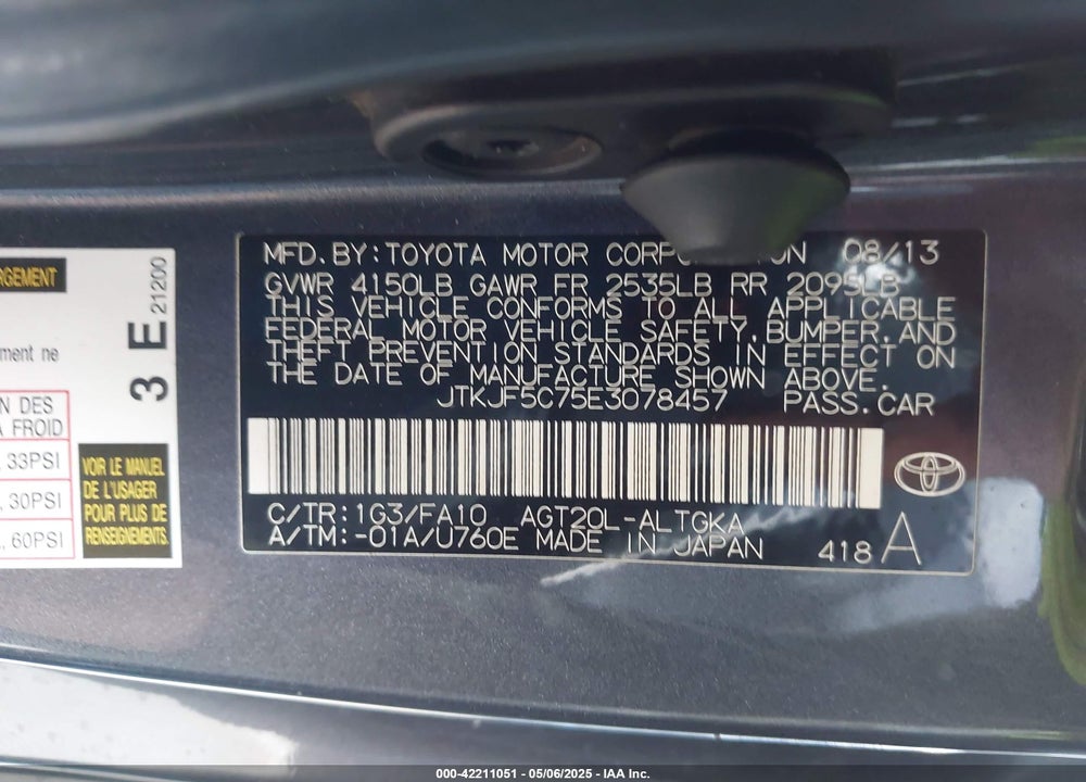 2014 SCION TC VIN: JTKJF5C75E3078457