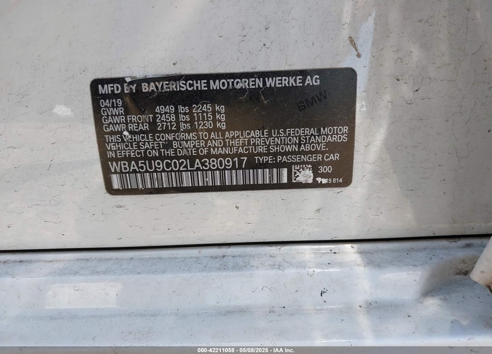 2020 BMW 3 SERIES VIN: WBA5U9C02LA380917