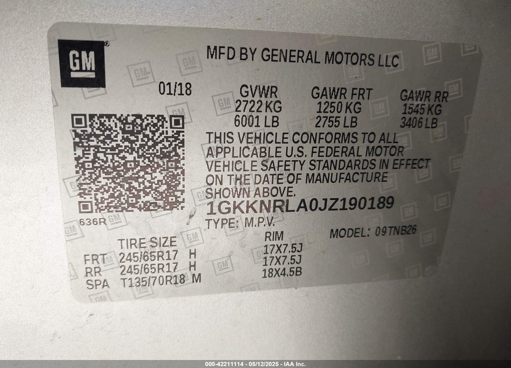 2018 GMC ACADIA SLE-1 VIN: 1GKKNRLA0JZ190189