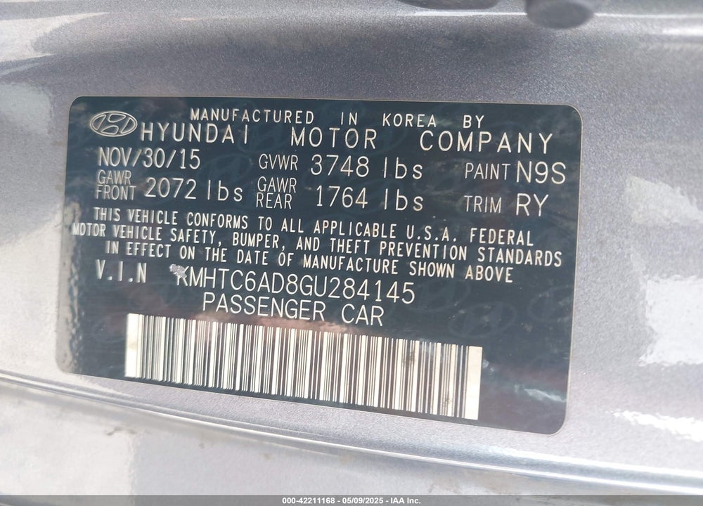 2016 HYUNDAI VELOSTER VIN: KMHTC6AD8GU284145