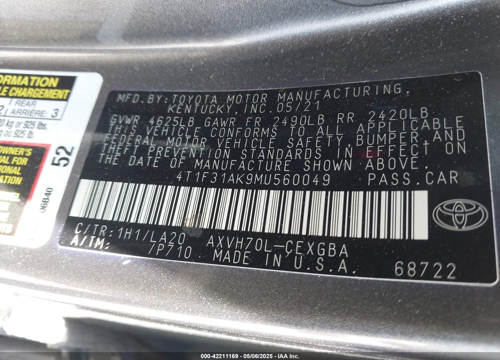 2021 TOYOTA CAMRY XLE HYBRID VIN: 4T1F31AK9MU560049
