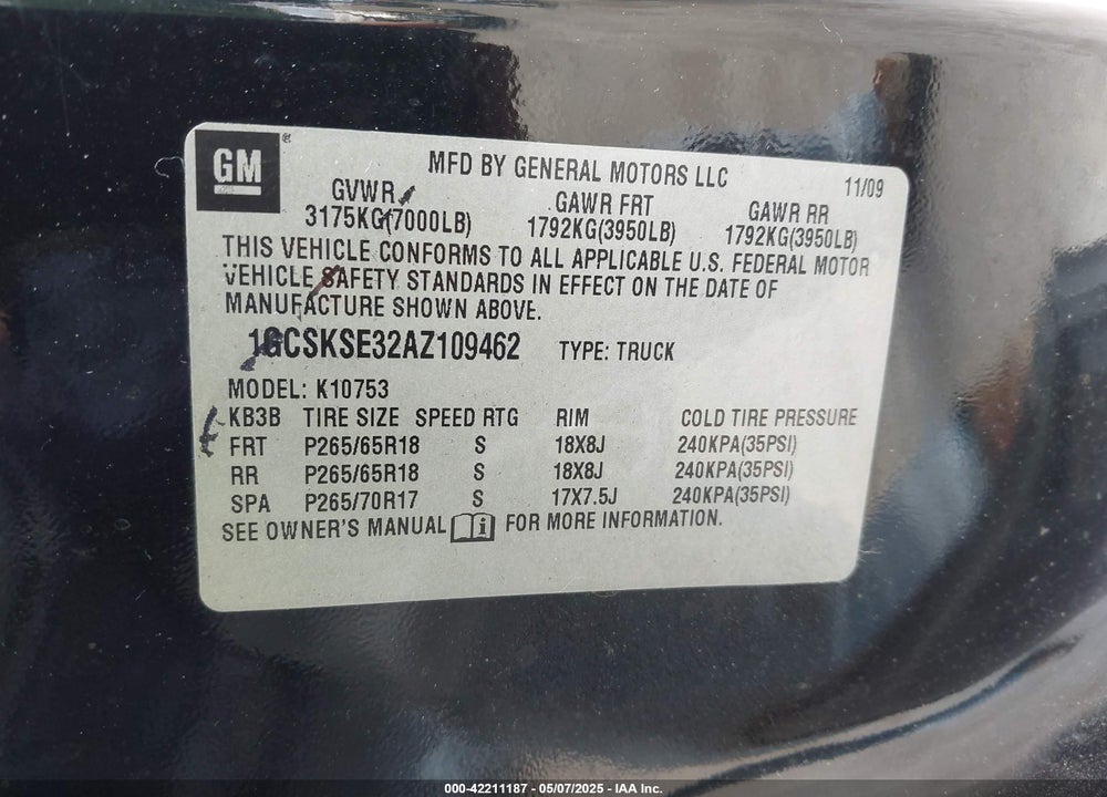 2010 CHEVROLET SILVERADO 1500 VIN: 1GCSKSE32AZ109462