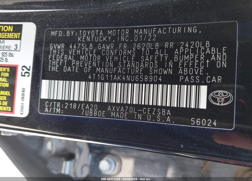 2022 TOYOTA CAMRY SE VIN: 4T1G11AK4NU658904