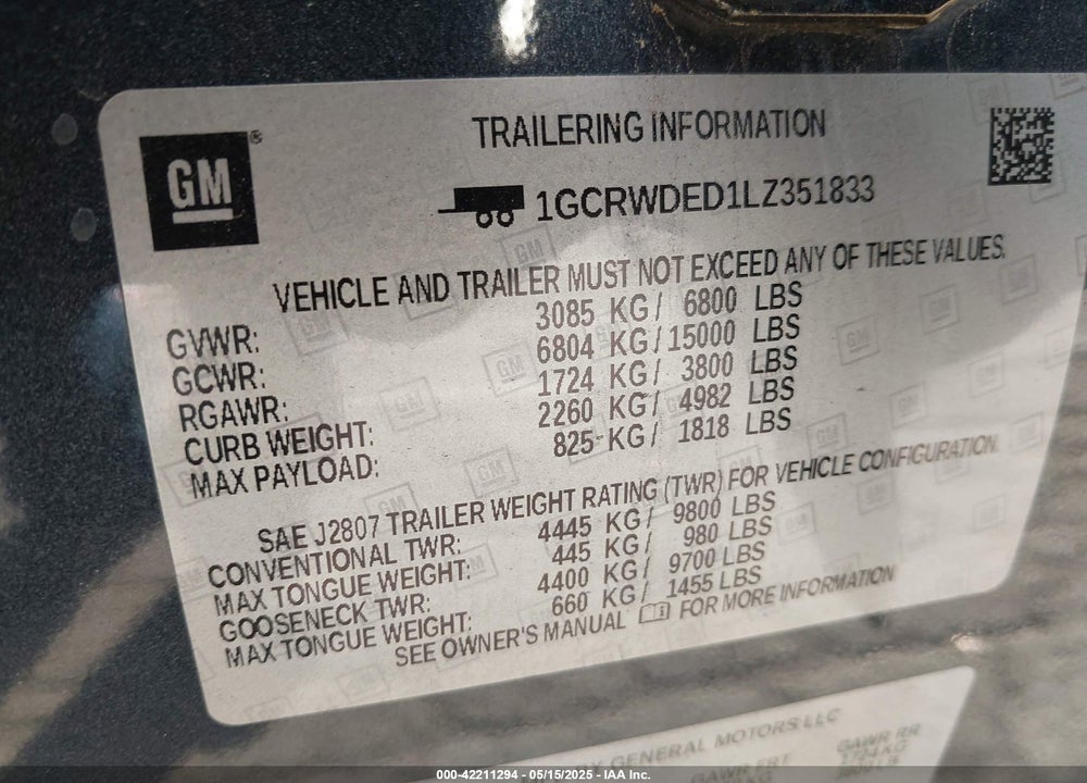 2020 CHEVROLET SILVERADO 1500 VIN: 1GCRWDED1LZ351833