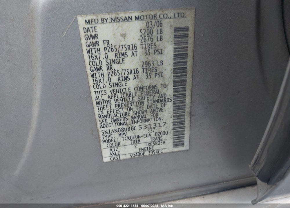 2006 NISSAN XTERRA VIN: 5N1AN08U86C531317