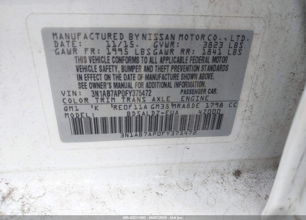2015 NISSAN SENTRA VIN: 3N1AB7AP0FY375472