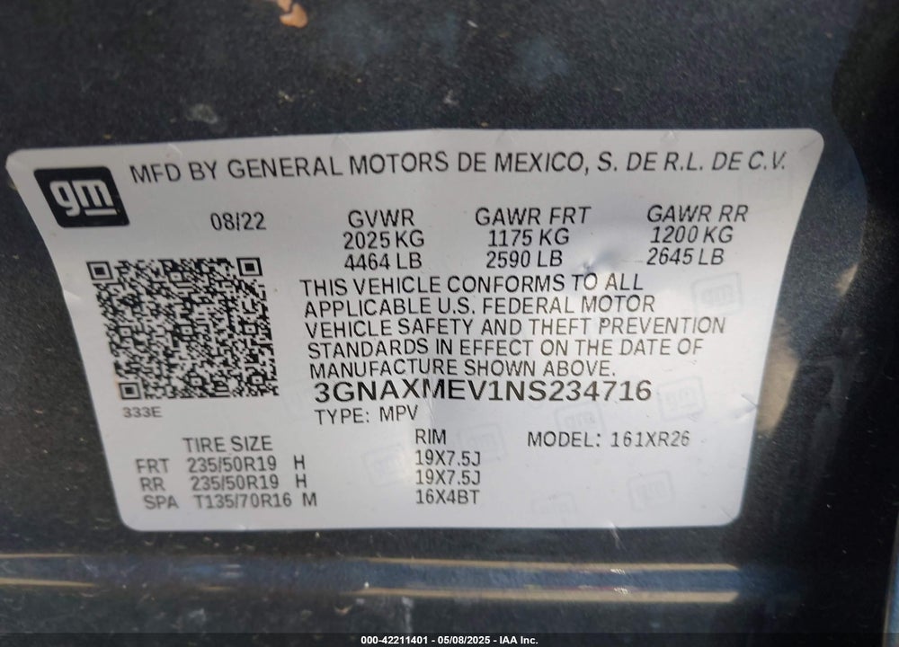 2022 CHEVROLET EQUINOX FWD RS VIN: 3GNAXMEV1NS234716