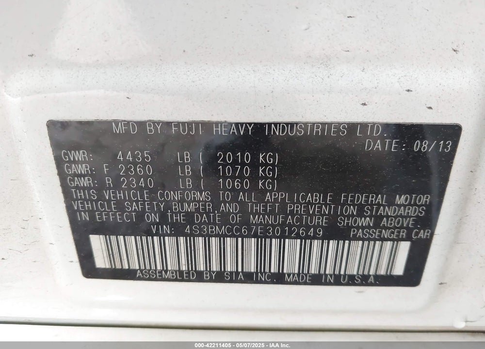 2014 SUBARU LEGACY VIN: 4S3BMCC67E3012649