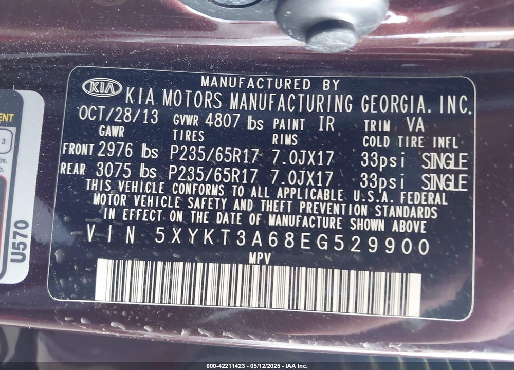 2014 KIA SORENTO VIN: 5XYKT3A68EG529900