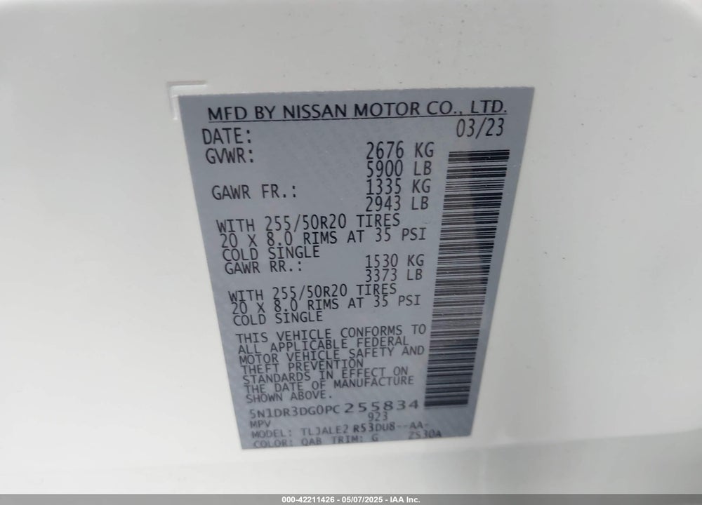 2023 NISSAN PATHFINDER PLATINUM FWD VIN: 5N1DR3DG0PC255834