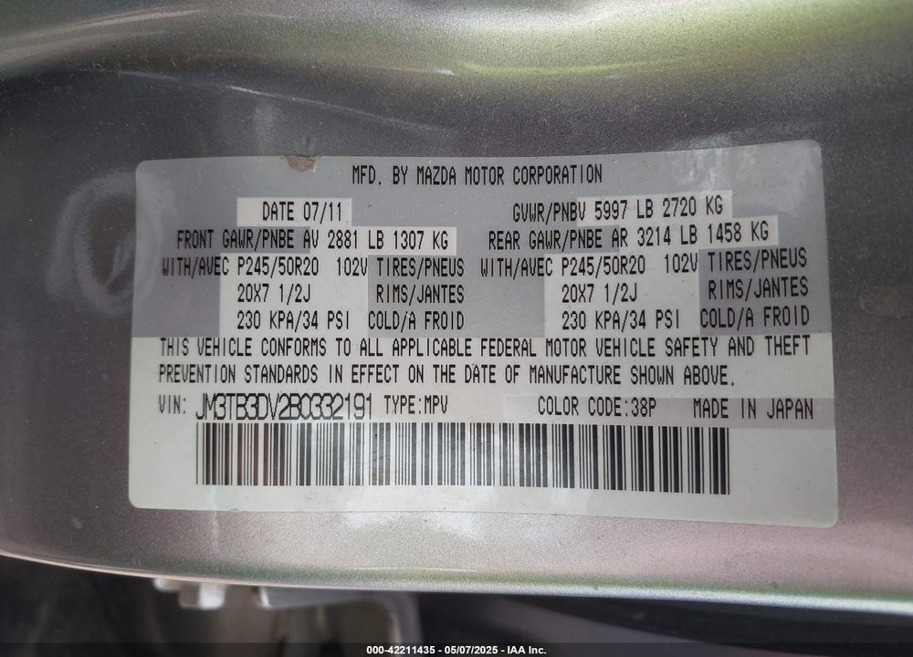 2011 MAZDA CX-9 VIN: JM3TB3DV2B0332191