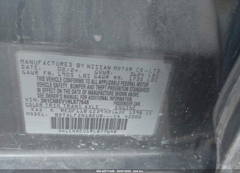 2024 NISSAN VERSA VIN: 3N1CN8EV1RL877648