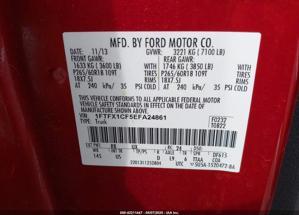 2014 FORD F-150 XLT VIN: 1FTFX1CF5EFA24861