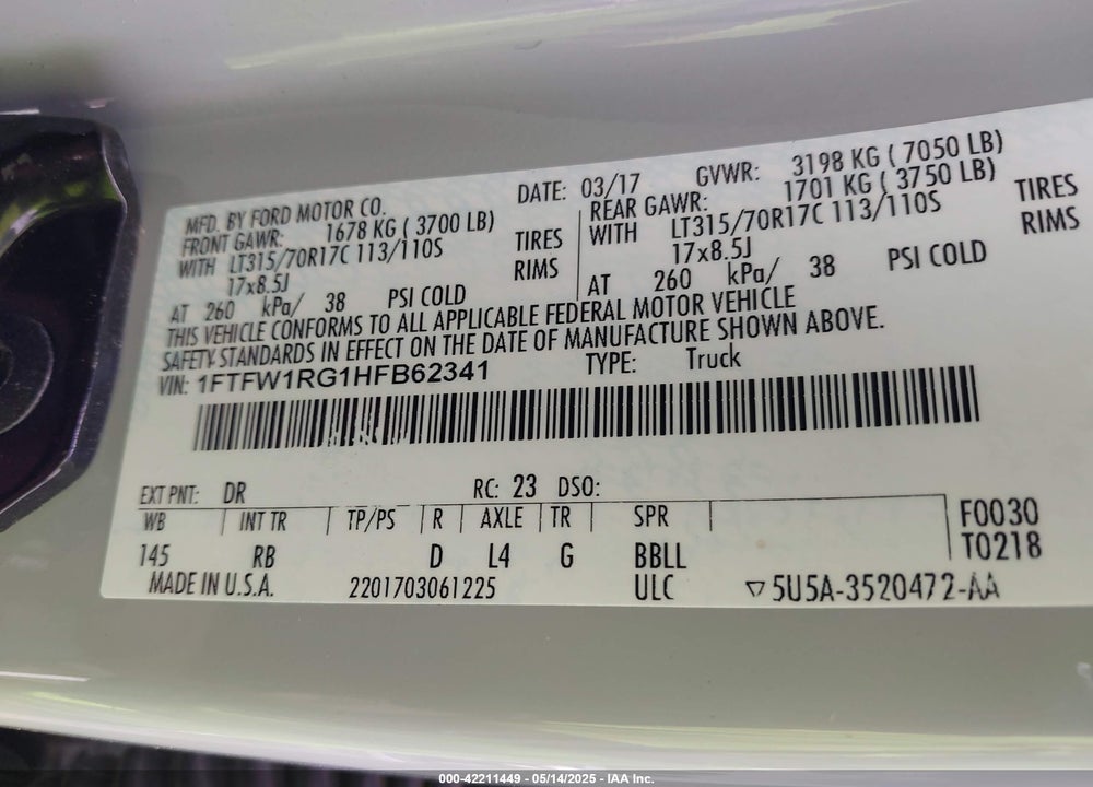 2017 FORD F-150 VIN: 1FTFW1RG1HFB62341