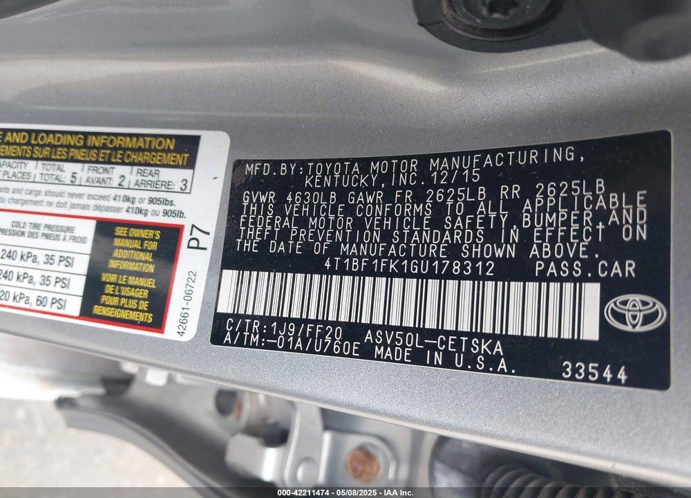 2016 TOYOTA CAMRY VIN: 4T1BF1FK1GU178312