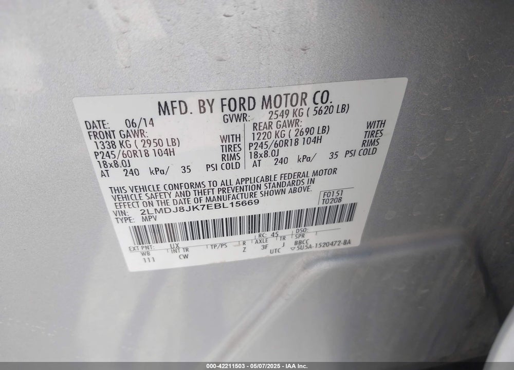 2014 LINCOLN MKX VIN: 2LMDJ8JK7EBL15669