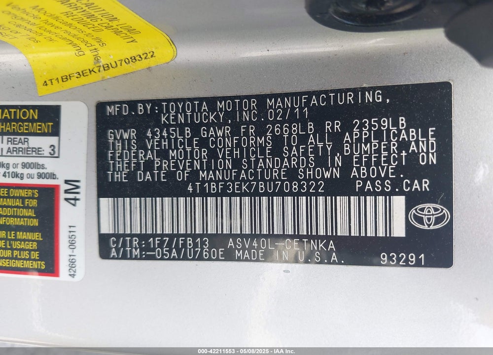 2011 TOYOTA CAMRY LE VIN: 4T1BF3EK7BU708322