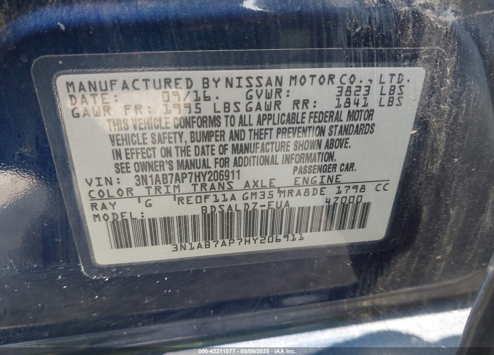 2017 NISSAN SENTRA VIN: 3N1AB7AP7HY206911