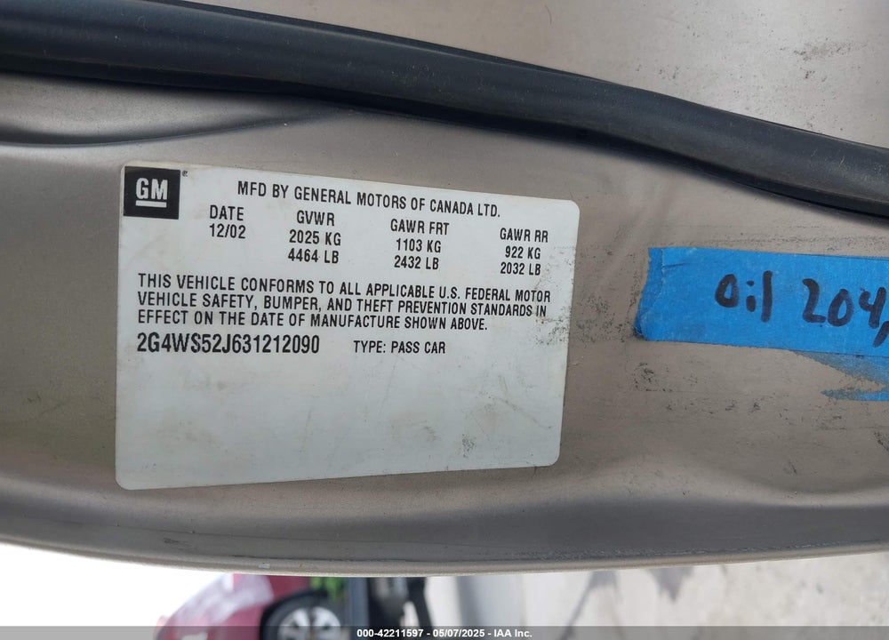 2003 BUICK CENTURY CUSTOM VIN: 2G4WS52J631212090