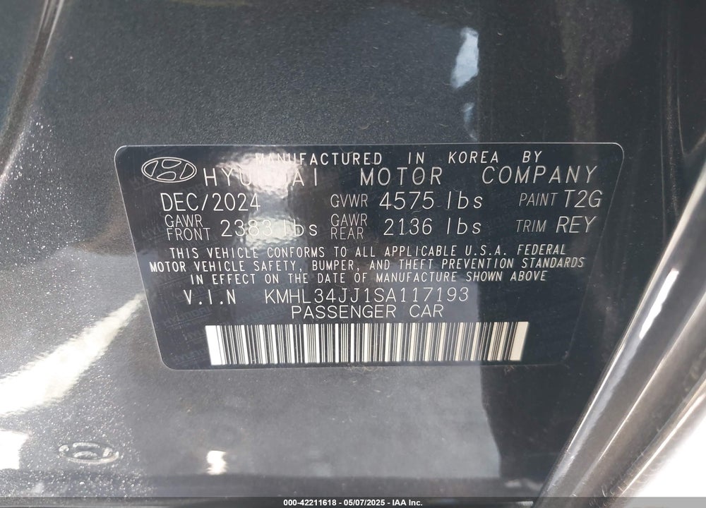 2025 HYUNDAI SONATA HYBRID VIN: KMHL34JJ1SA117193