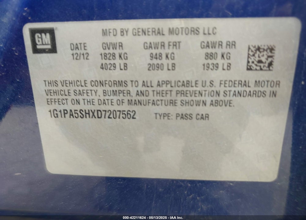 2013 CHEVROLET CRUZE VIN: 1G1PA5SHXD7207562