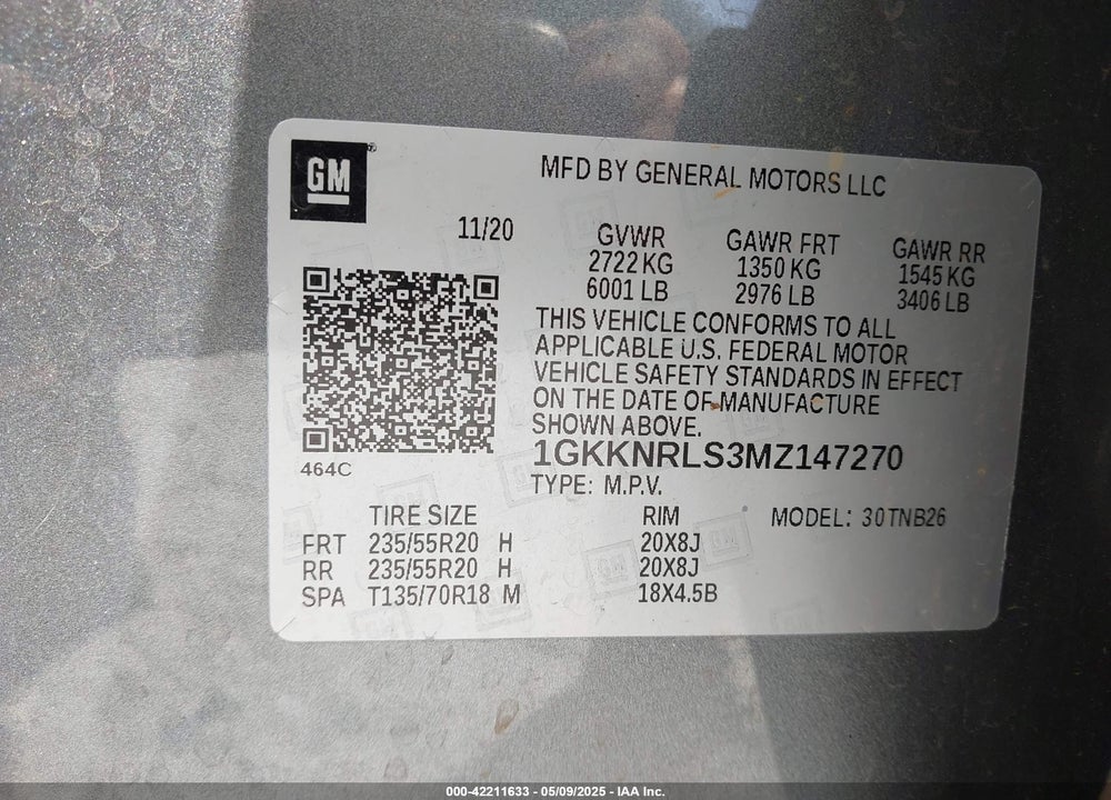 2021 GMC ACADIA VIN: 1GKKNRLS3MZ147270
