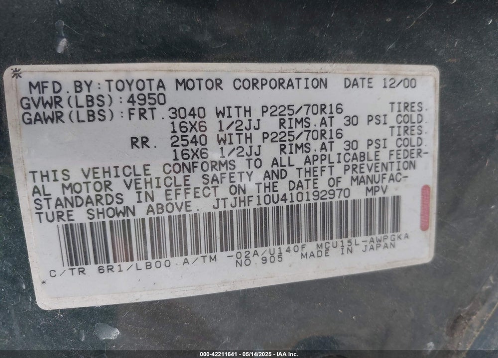 2001 LEXUS RX 300 VIN: JTJHF10U410192970