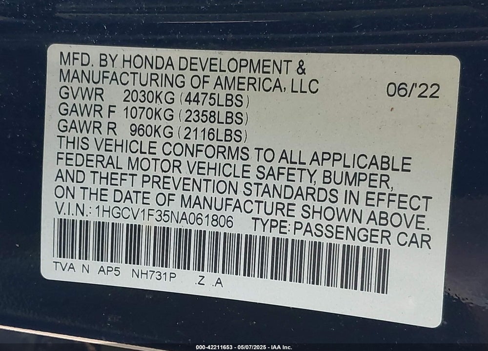2022 HONDA ACCORD VIN: 1HGCV1F35NA061806