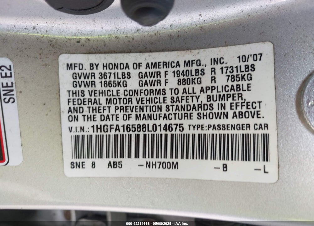 2008 HONDA CIVIC LX VIN: 1HGFA16588L014675